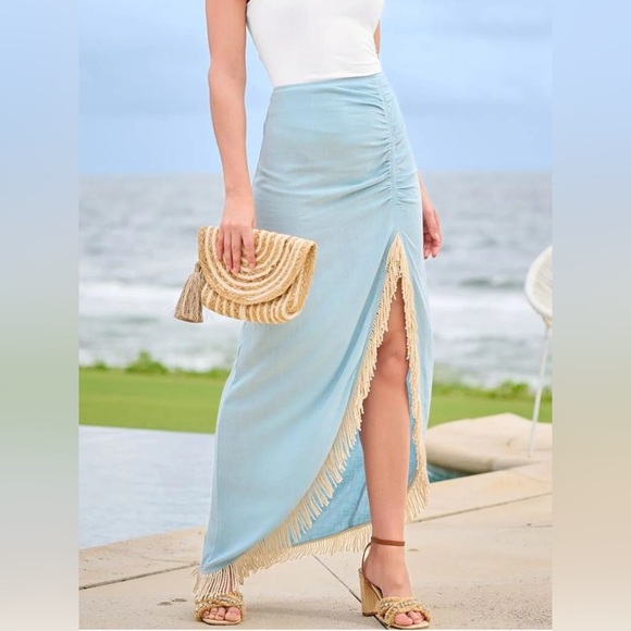 VENUS Dresses & Skirts - VENUS Light Blue Midi Skirt with Fringe